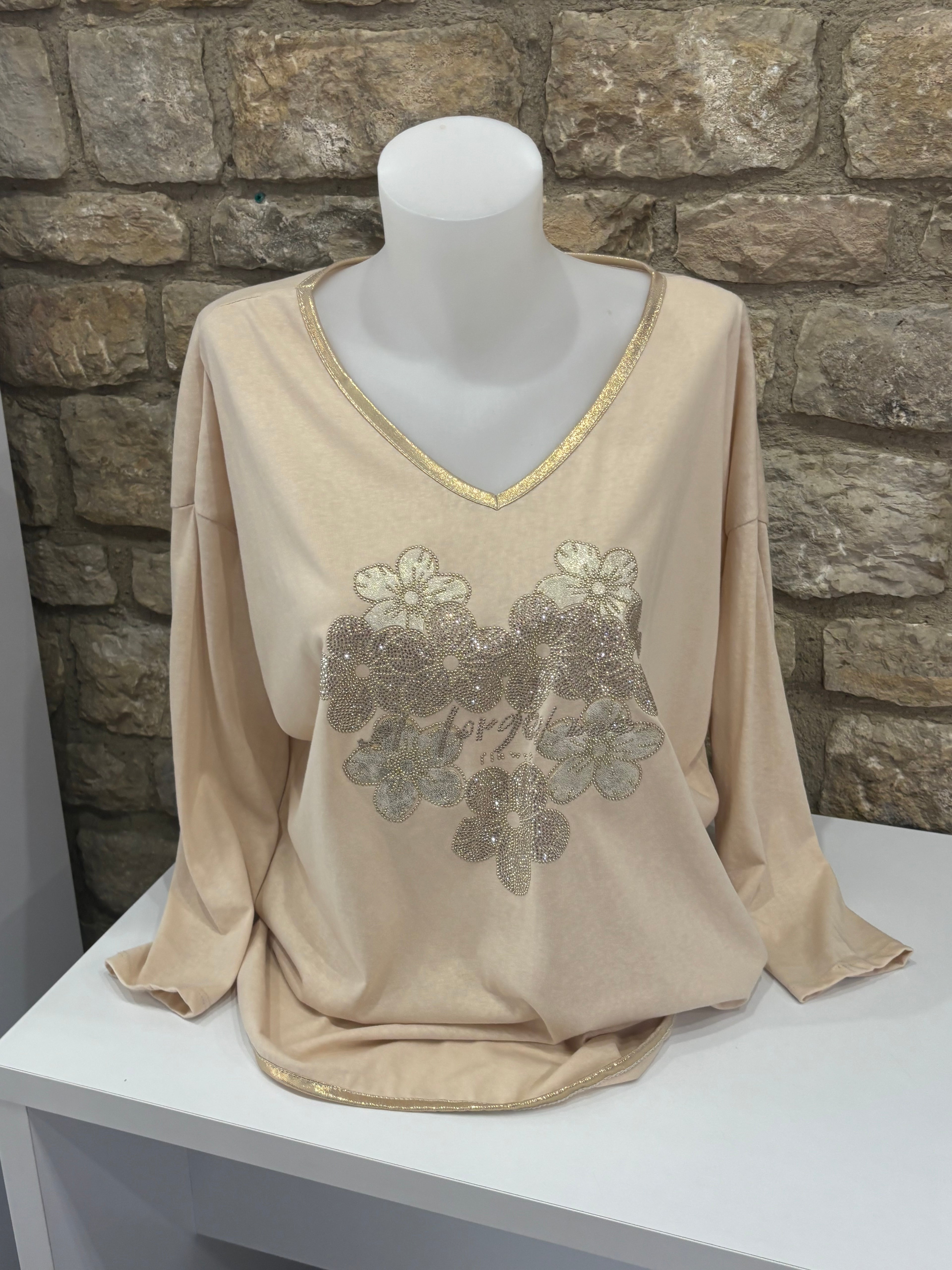 Top manches longues strass et fleurs
