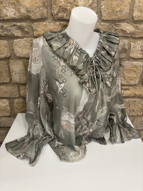 Blouse  Kaki manches longues, détails volantés