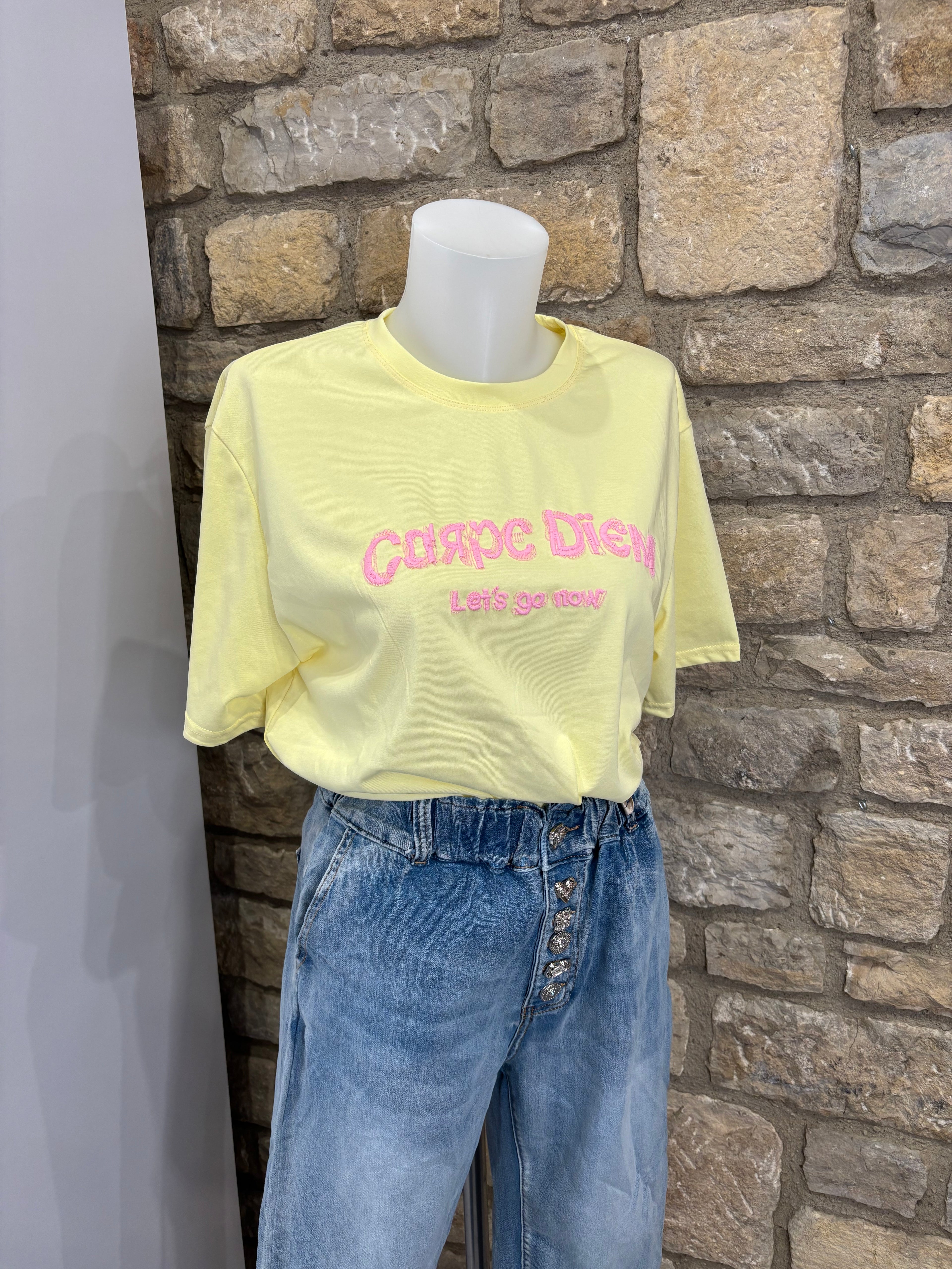 T-shirt brodé message "Carpe Diem" Jaune