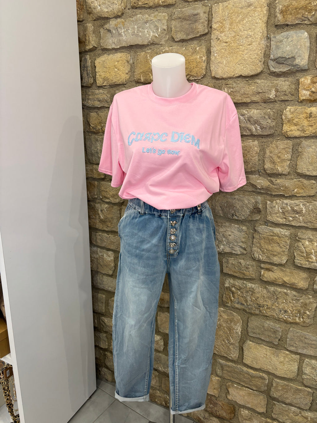 T-shirt brodé message "Carpe Diem" Rose