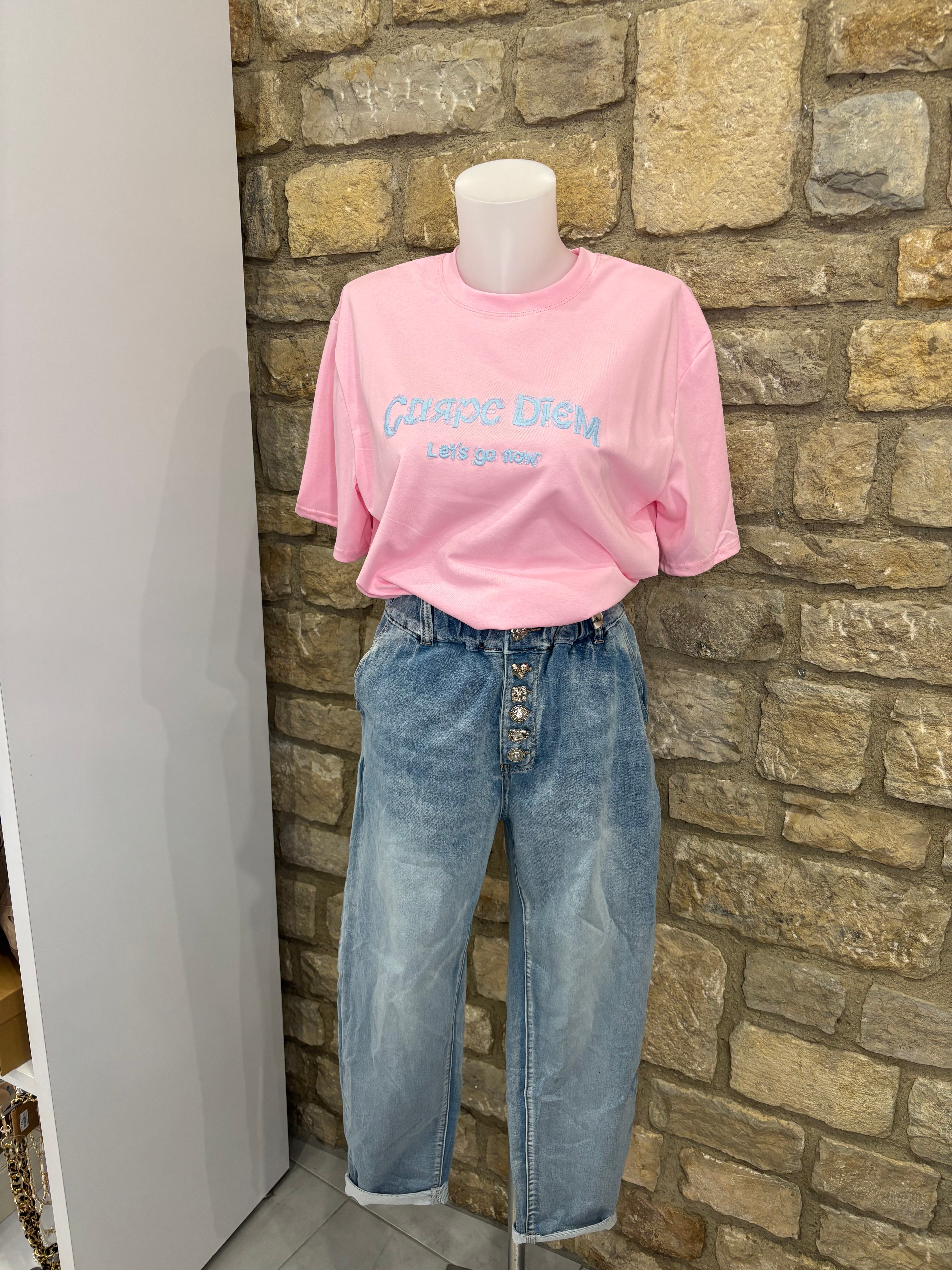 T-shirt brodé message "Carpe Diem" Rose