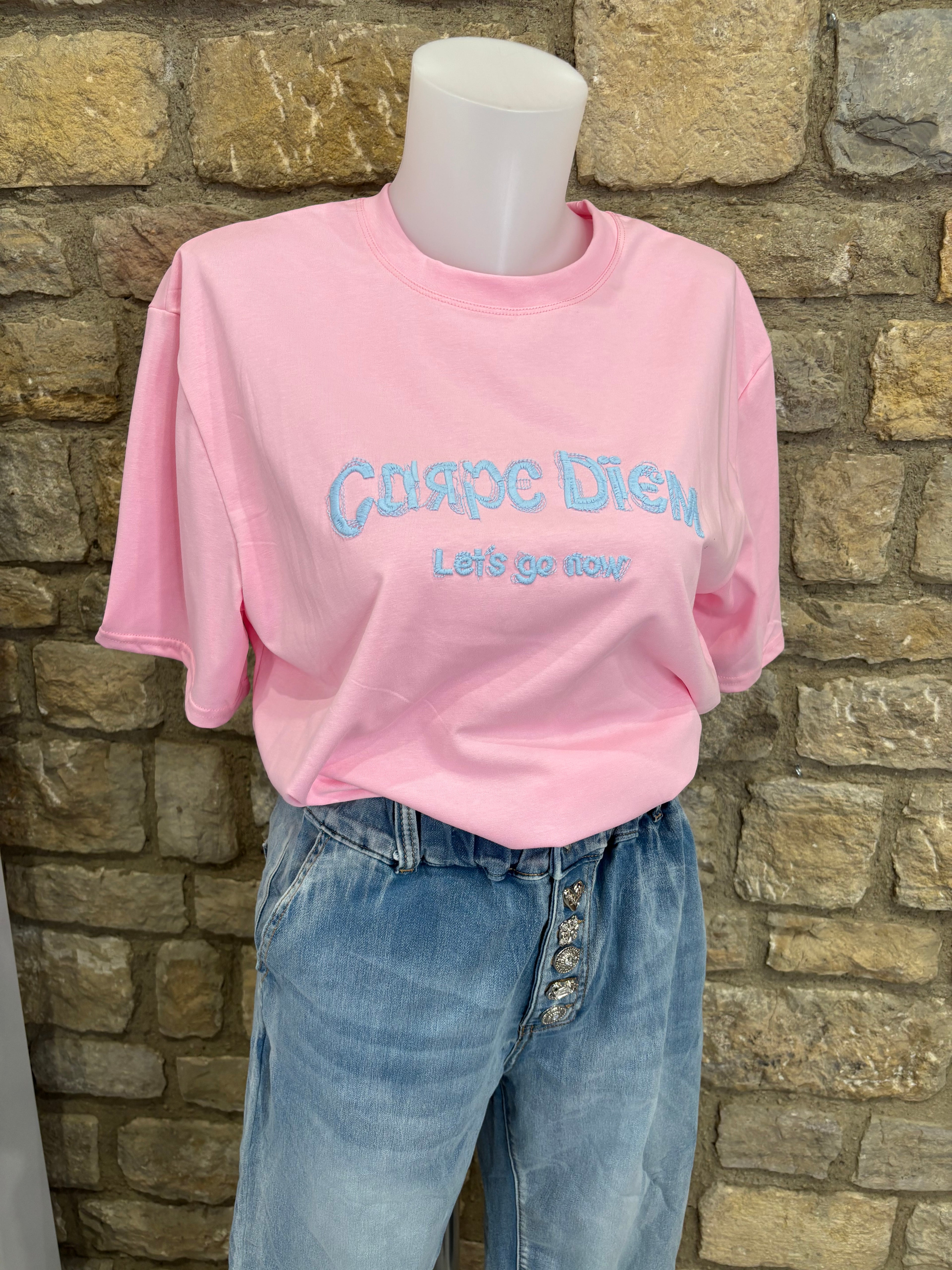 T-shirt brodé message "Carpe Diem" Rose