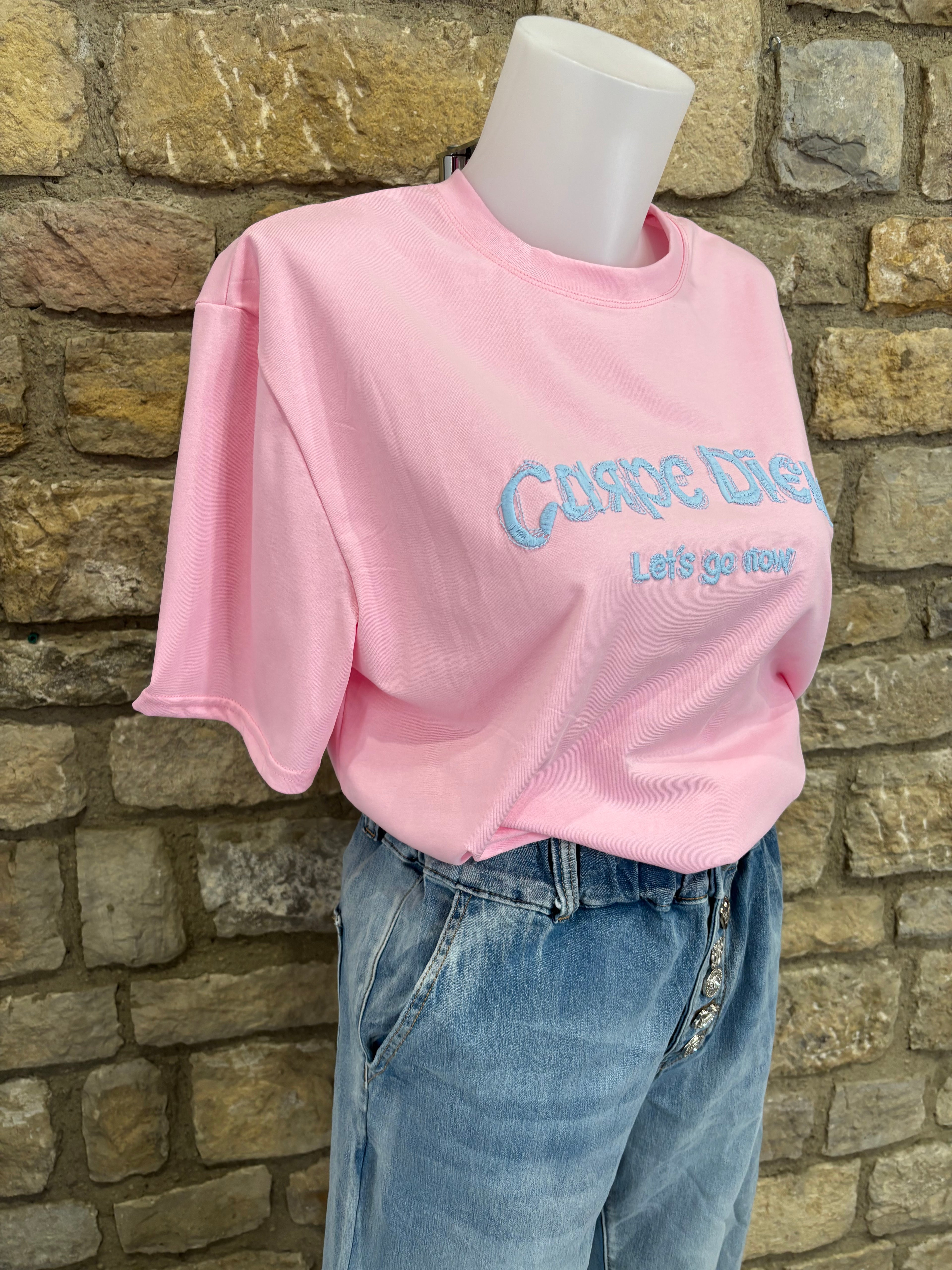 T-shirt brodé message "Carpe Diem" Rose