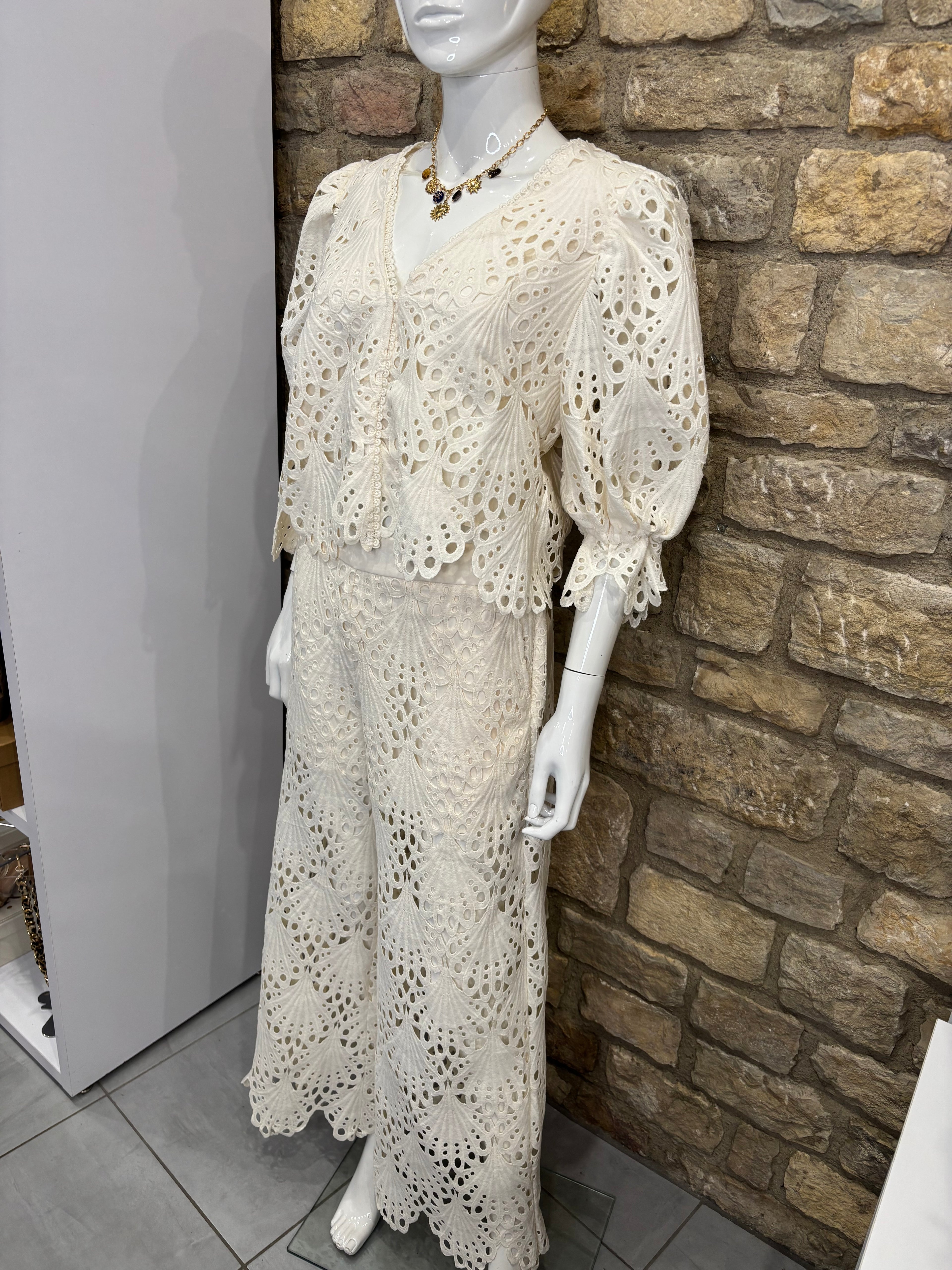 Ensemble Blouse et Pantalon guipure Selena Blanc